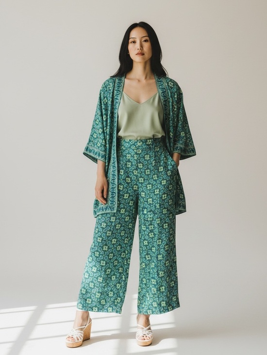 Max Studio Pants - Max Studio Kimono Green Floral Wide-Leg Pants Set
